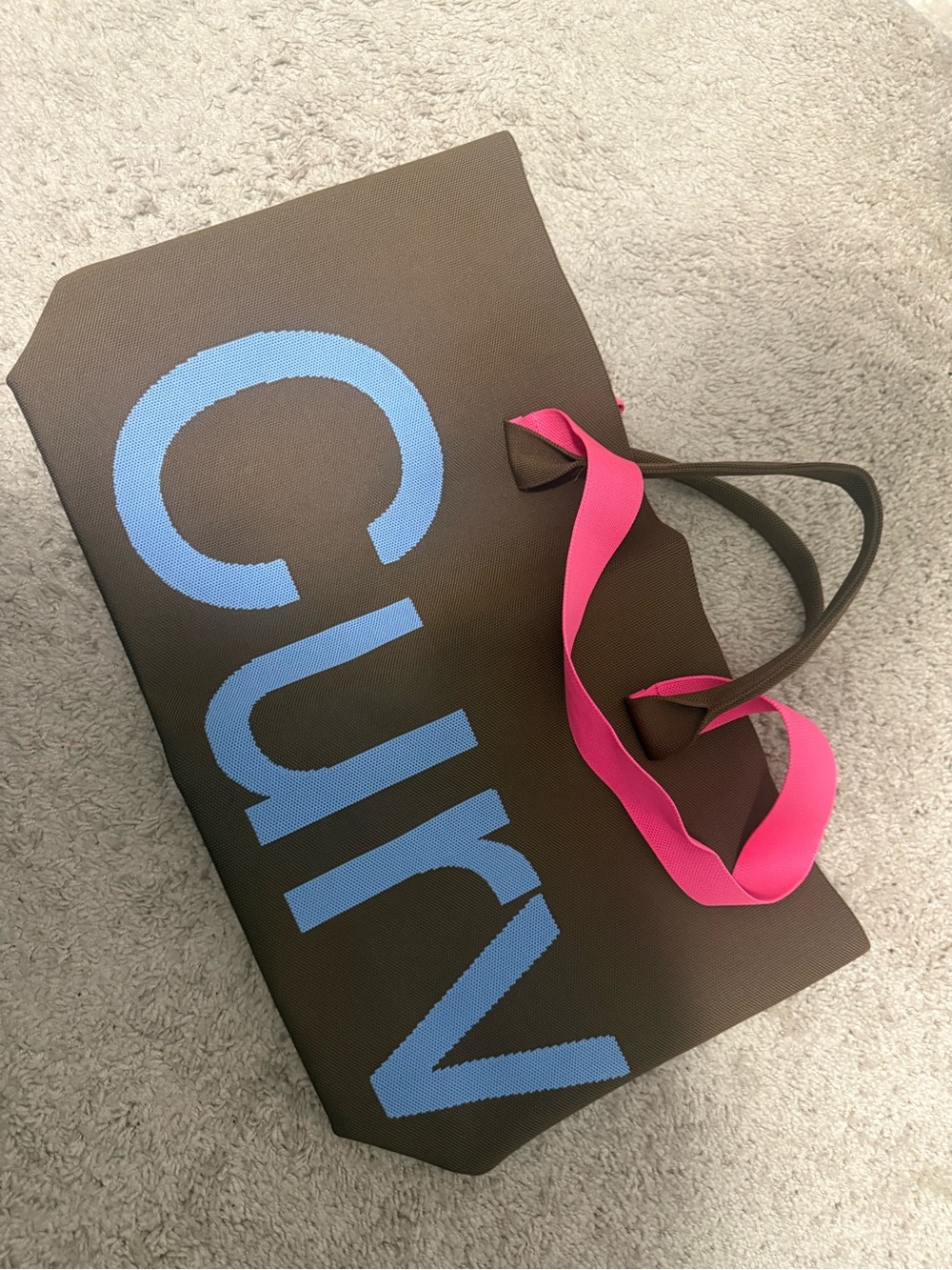 Brown Tote Bag with Blue Logo and Pink Handles